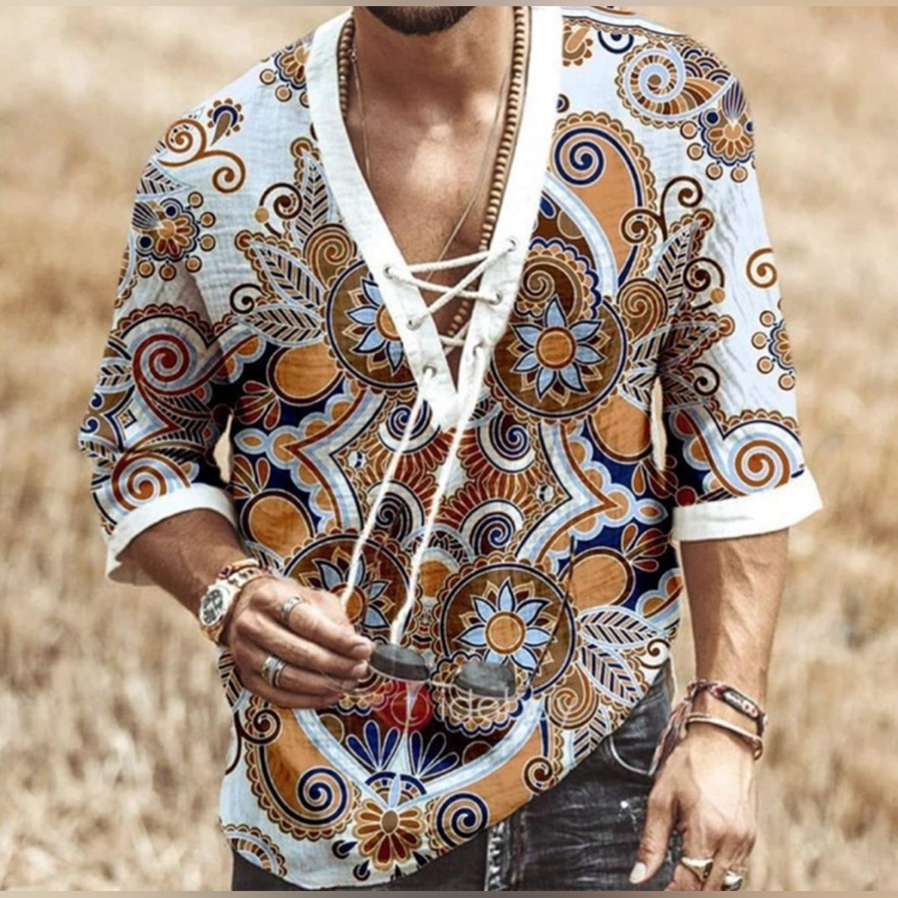 Men's Fashion Shirt Short Sleeve Beach V-Neck Drawstring printing Yoga